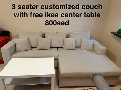 Light grey 3-seater L-shaped sofa with chaise + free IKEA coffee table