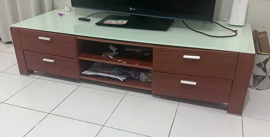 Low TV Cabinet with Drawers and Glass Top - Brown Wooden Finish