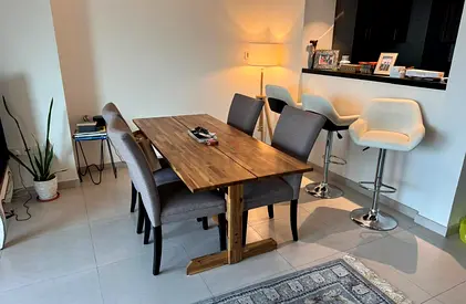 Wooden Dining Table with Four Grey Upholstered Chairs