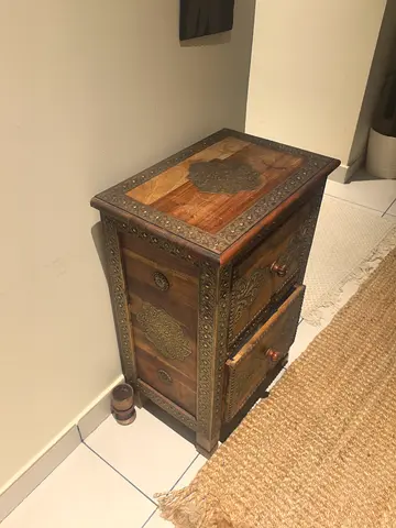 Hand-carved Wooden Bedside Cabinet with Metal Inlay