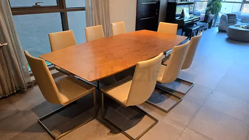 Solid Wood Modern Dining Table with 8 Cream Leather Chairs with Side Cabinet