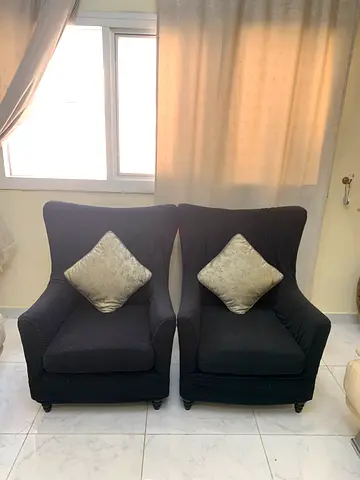 Two Black Fabric Armchairs with Cushions - Good Condition