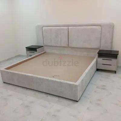 King size upholstered bed frame with matching bedside tables - light grey