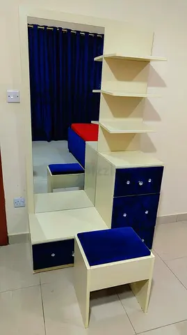 Vanity Dressing Table with Mirror, Shelves and Stool - Beige  Navy Blue