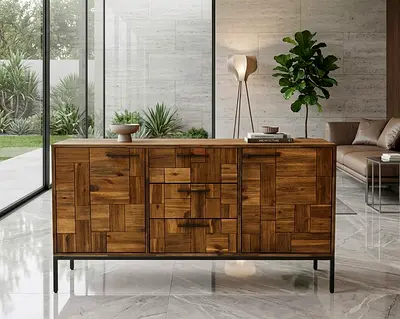 Crate  Barrel Style Geometric Block Wooden Sideboard