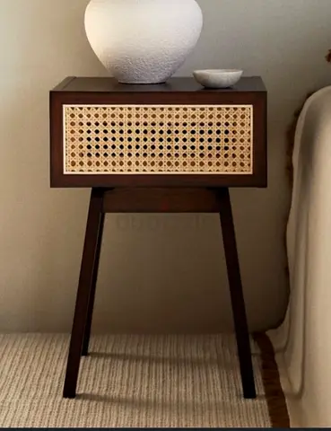 2 X Wooden Bedside Table with Woven Rattan Drawer