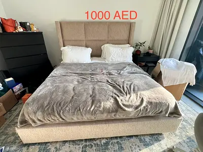 Beige Upholstered king size Bed from sapsa beddings 195* 220 cmwith Headboard - Good Condition