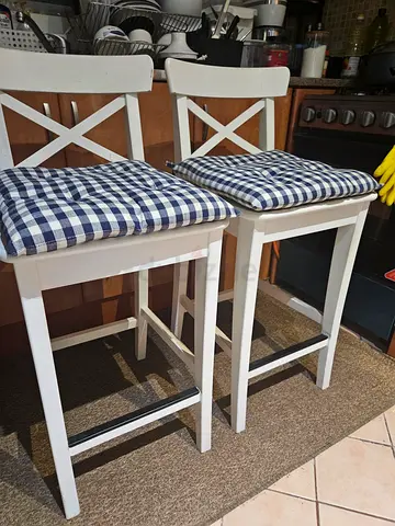 IKEA Set of 2 white wooden dining chairs with blue check cushions