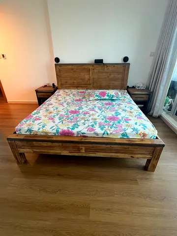 Sturdy Rustic Wooden Bed Frame with Headboard