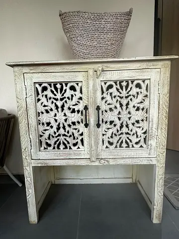 Hand-carved White Wash Teka Side Table with Two Doors