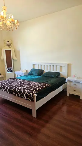 White Wooden Double Bed Frame with Slat Headboard