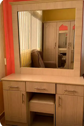 Light Wood Dressing Table with Mirror and Stool. Self contained 3 drawers and 2 shelves