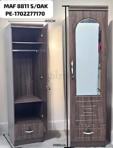 Slim Oak Wardrobe with Mirror and Drawer - 190cm tall