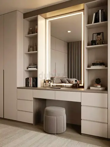 Built-in Beige Dressing Table with Lighted Mirror and 6 Drawers