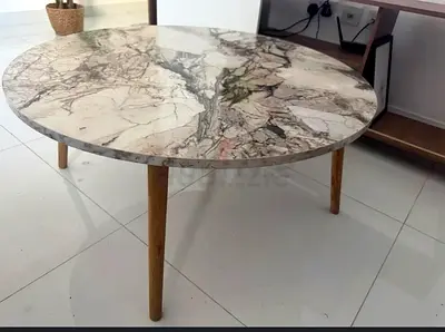 Round Marble-Top Coffee Table with Wooden Legs