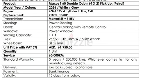 2026 Maxus T60 Double Cabin Pick-Up – Excellent Condition | Company Owned