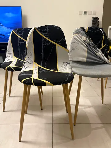 Set of 4 Modern Dining Chairs with Marble-Patterned Fabric covers and Gold Legs