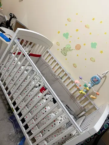 White Wooden Baby Crib with Mattress  Juniors - Good Condition