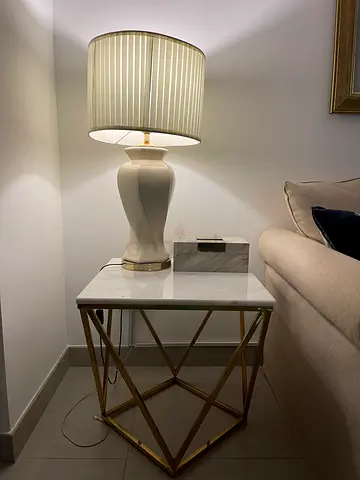 Marble-top Side Table with Geometric Gold Base and Lamp (2x)