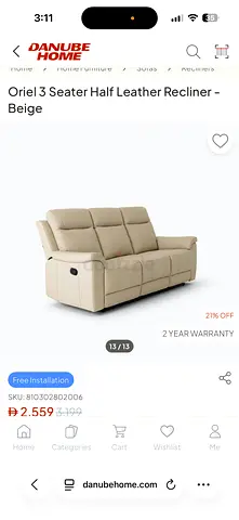 3-seater beige leather recliner sofa (half leather) - good condition