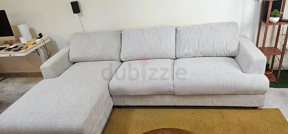 Light grey L-shaped fabric sofa with chaise, 3-seater