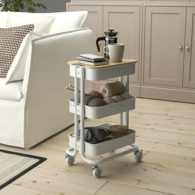 Compact 3-Tier Rolling Storage Trolley with Wooden Top