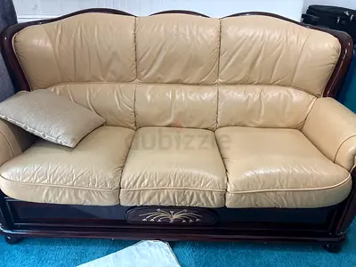 Beige Leather 3-Seater Sofa with Wooden Frame - Good Condition