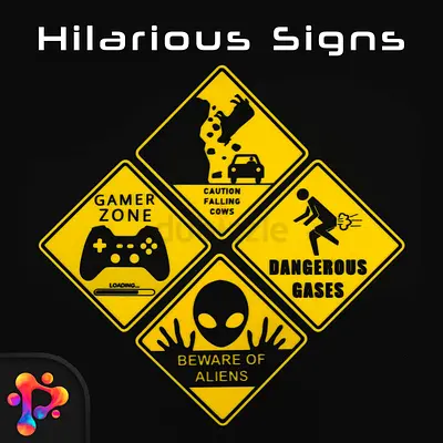 Set of 4 Humorous Yellow Warning Wall Signs - Gamer, Aliens, Falling Cows, Dangerous Gases