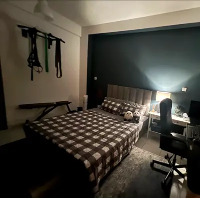 Cushioned back grey bed with mattress