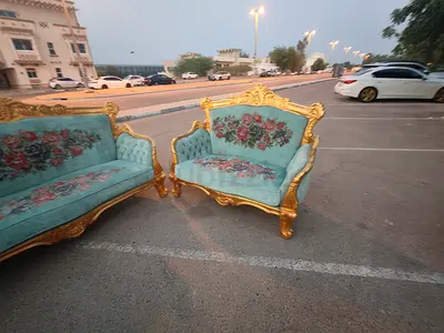 Vintage-style gold-framed sofa and armchair set, turquoise upholstery