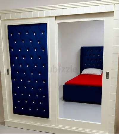 Off White Sliding Wardrobe with Mirrored Door and Navy Blue Tufted Panels (4 door capacity)
