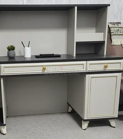 Wooden Study Desk with Shelves and Drawers - Cream  Dark Top