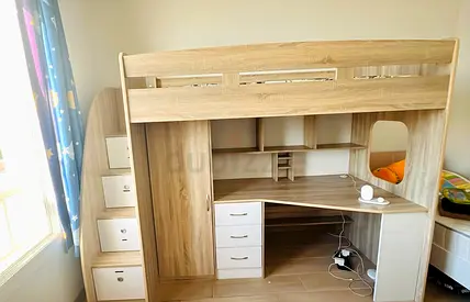 Single Loft bed with study desk, wardrobe and storage under the stairs. Perfect Condition.