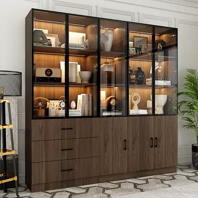 Custom Built-in Oak Display Cabinet with Glass Doors and Shelving
