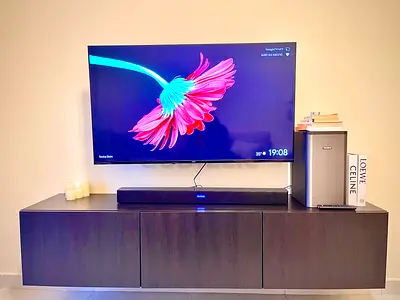 55 Mounted Google LED TV with Soundbar, TV Console and Wall Cabinet