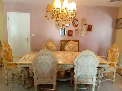 Antique-style Carved Dining Table with 6 Upholstered Chairs