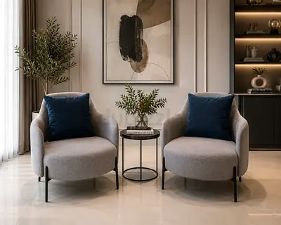 Brand New Pair of Modern Grey Fabric Accent Armchairs with Cushions