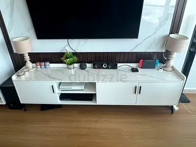 Modern White Marble Finish TV Stand and Entertainment Center