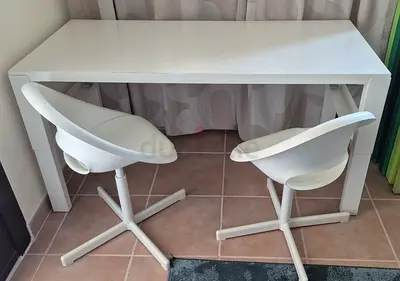 Kids white desk (height adjustable) with two white chairs - set (Ikea)