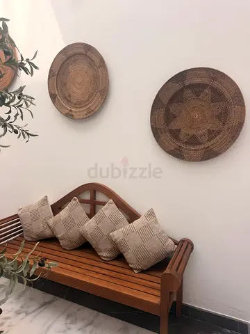 Solid Wood Bench with Cushions and Woven Wall Decor +2 seats included and artificial olive tree