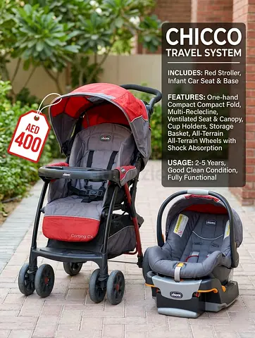 Chicco red stroller with infant car seat and base — used, good condition