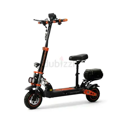 Black and Orange Electric Scooter with Seat and Storage Box