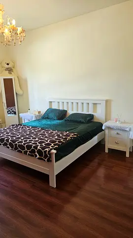 White Wooden Double Bed Frame with Slat Headboard and side tables