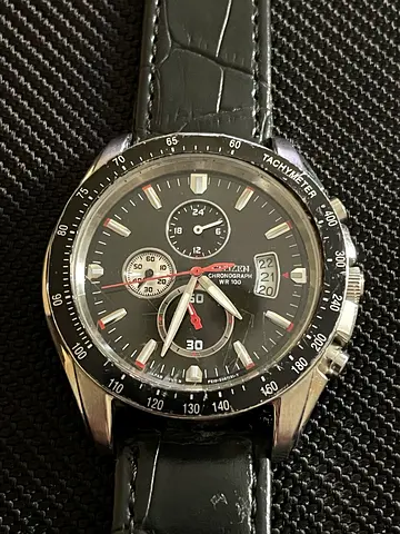 Vintage citizen Mens Black Chronograph Watch with Tachymeter and Leather Strap