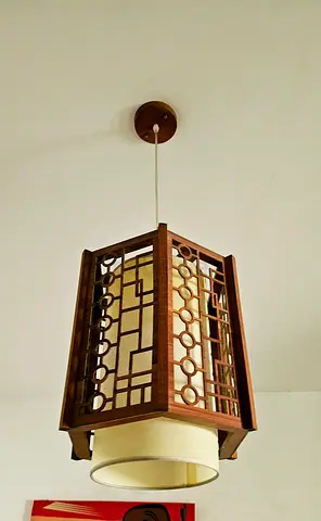 Wooden Geometric Pendant Lamp with Fabric Shade