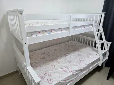 White Wooden Bunk Bed with Stairs — Good Condition