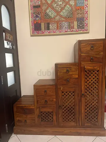 Solid Wood Staggered Drawer Cabinet with Carved Lattice Doors