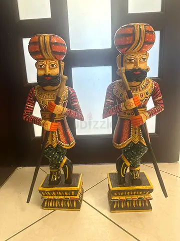Pair of Hand-Painted Wooden Indian Guard Statues
