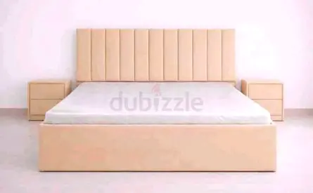 Modern Upholstered Bed Frame with High Vertical Paneled Headboard and Matching Nightstands