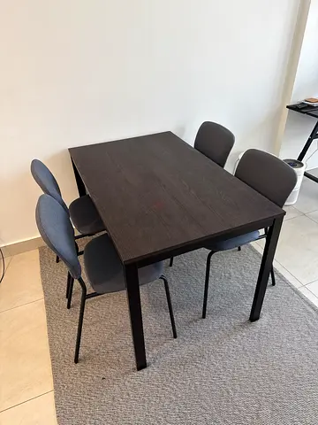 Dark Wood Dining Table with 4 Grey Fabric Chairs - Good Condition